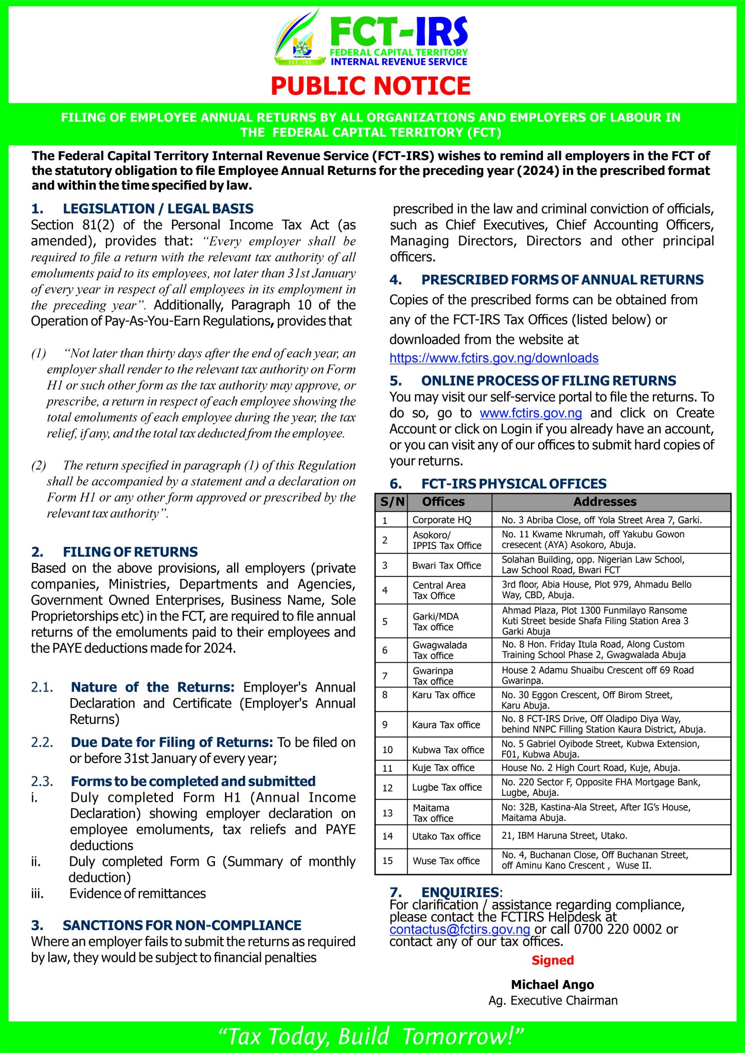 FILING OF EMPLOYEE ANNUAL RETURNS – FCT Internal Revenue Service